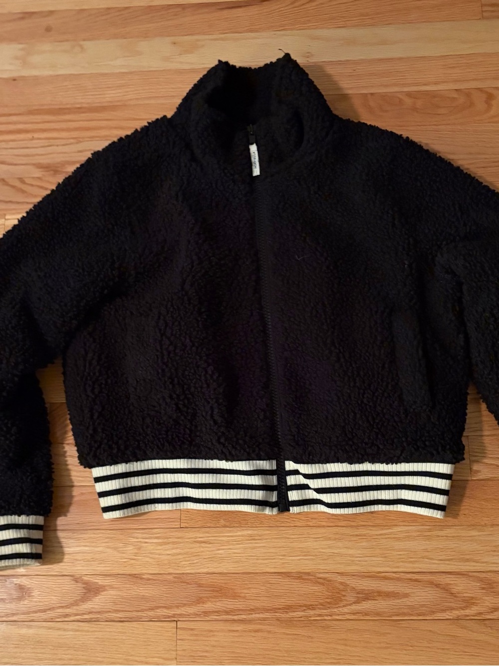 ivory ella Black Sherpa Zip Jacket with Striped Hem